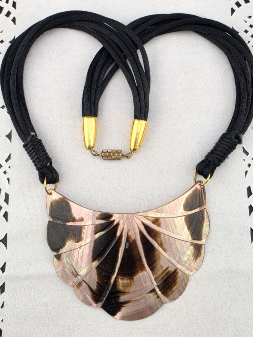 Vintage Abalone Shell Pendant Black Silk Cord 18" necklace